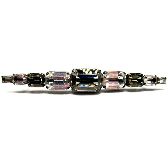 SCHREINER Signed Smokey Gray & Sparkling Ice Square Cut Rhinestone Bar Brooch - Picture 1 of 6